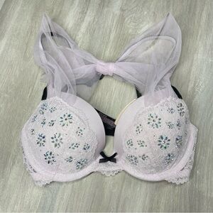 NWT Victorias Secret Runaway Purple Tulle Embellished Lace Bra with Sheer Straps